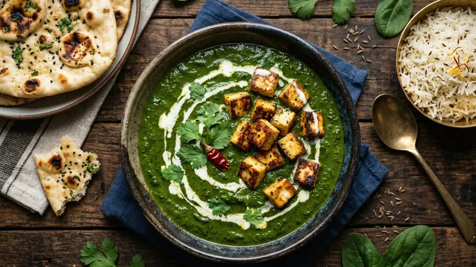 Palak paneer in a dark bowl with cream swirled through it, naan and rice alongside