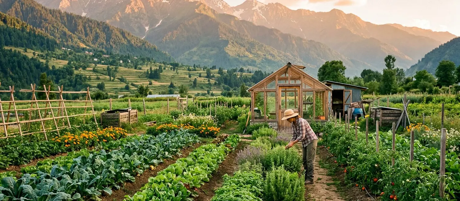 A terraced smallholding at sunrise with rows of vegetables running toward a farmhouse and mountains behind