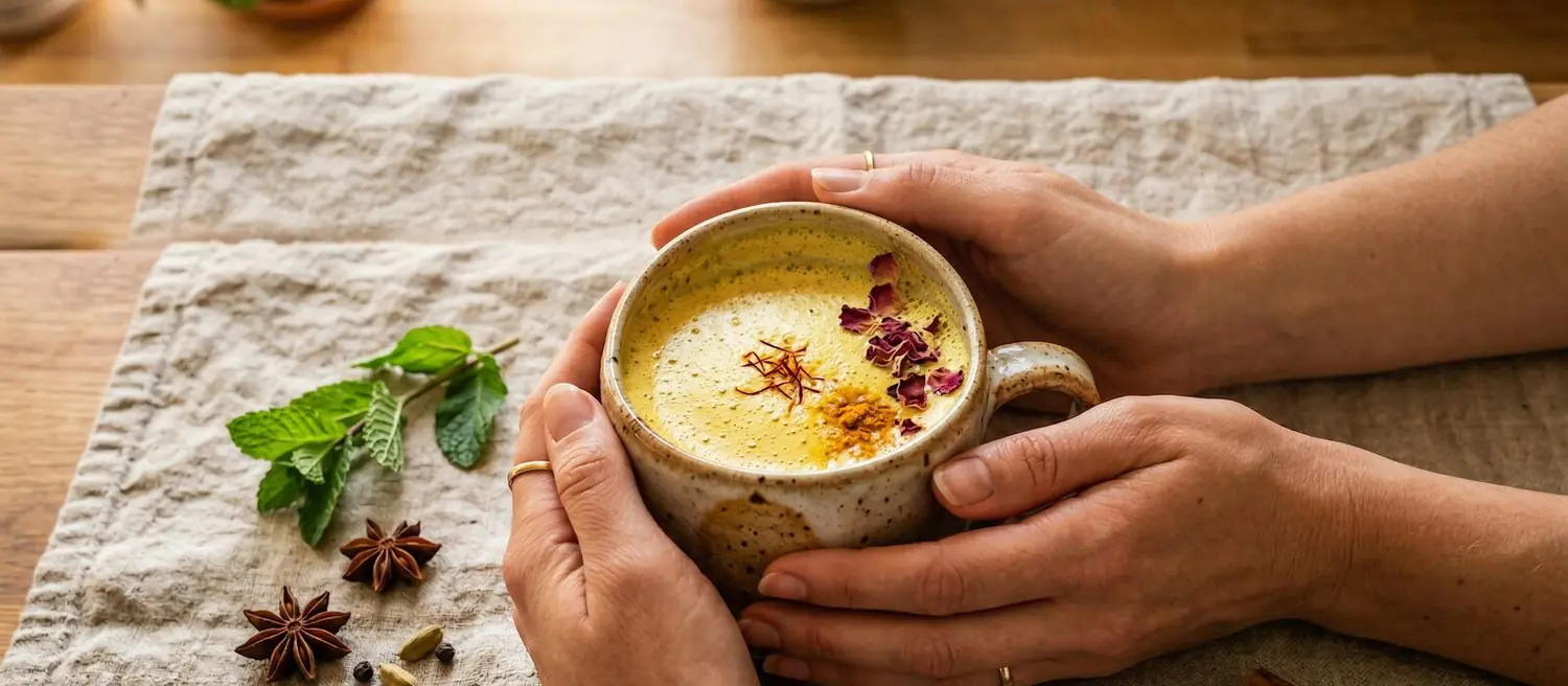 Two hands wrapped around a mug of golden turmeric milk on a linen cloth, with spices scattered beside it