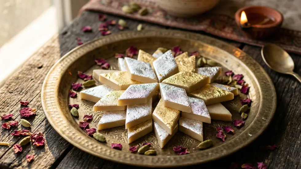 A tray of Indian sweets and snacks set out on a table