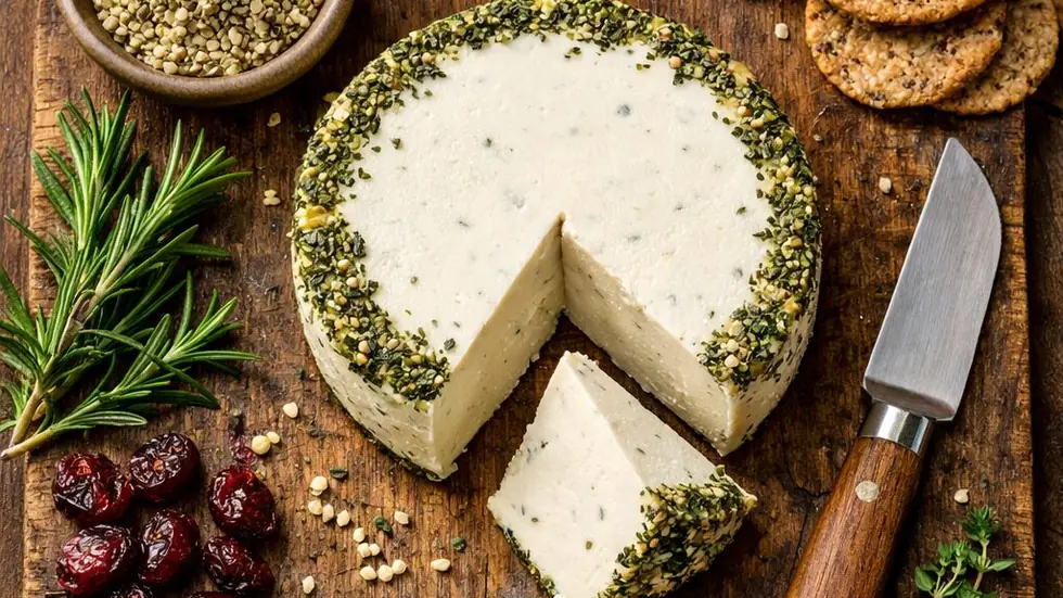 A round herb-crusted plant cheese on a board with a knife, crackers, rosemary and dried cranberries