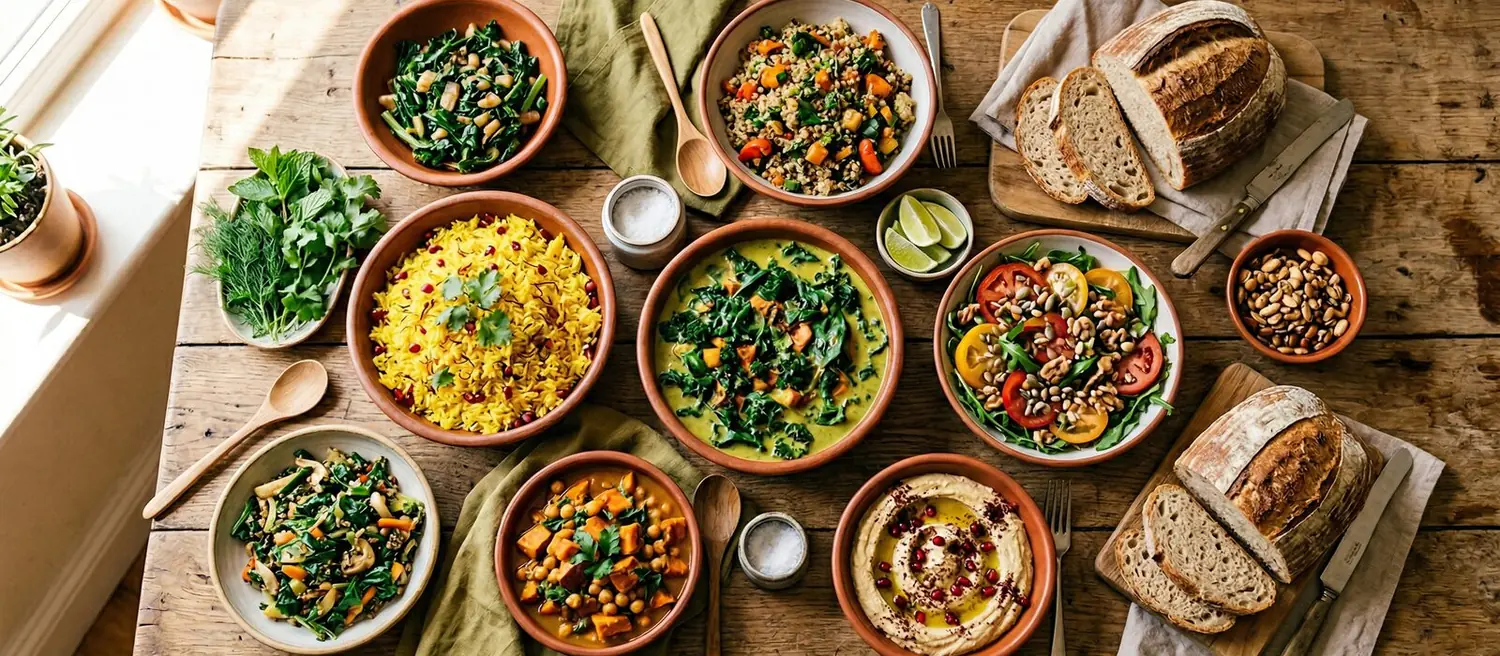 A long table laid with a dozen bowls of Indian vegan dishes, bread and salads