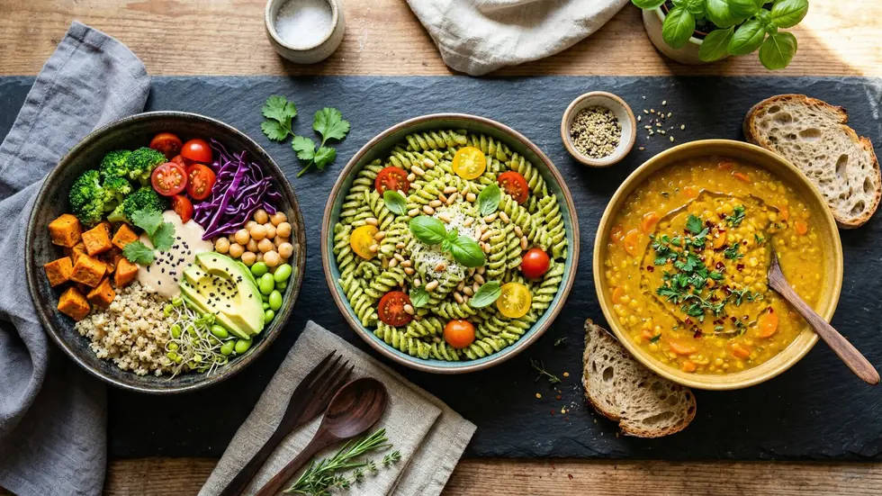 Three bowls of colourful plant-based food with bread, on a dark table