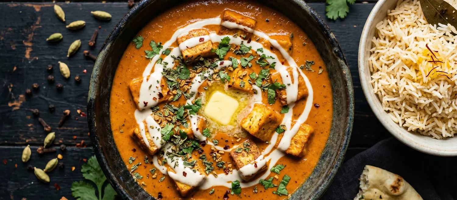 Vegan butter paneer in a black pan, finished with cream and coriander, with rice and cardamom pods alongside