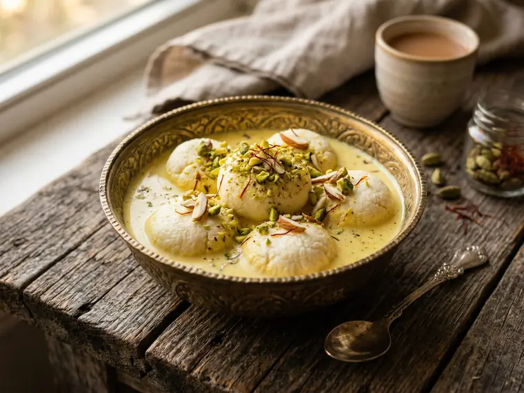 Vegan rasmalai in a shallow brass dish with saffron and slivered pistachio