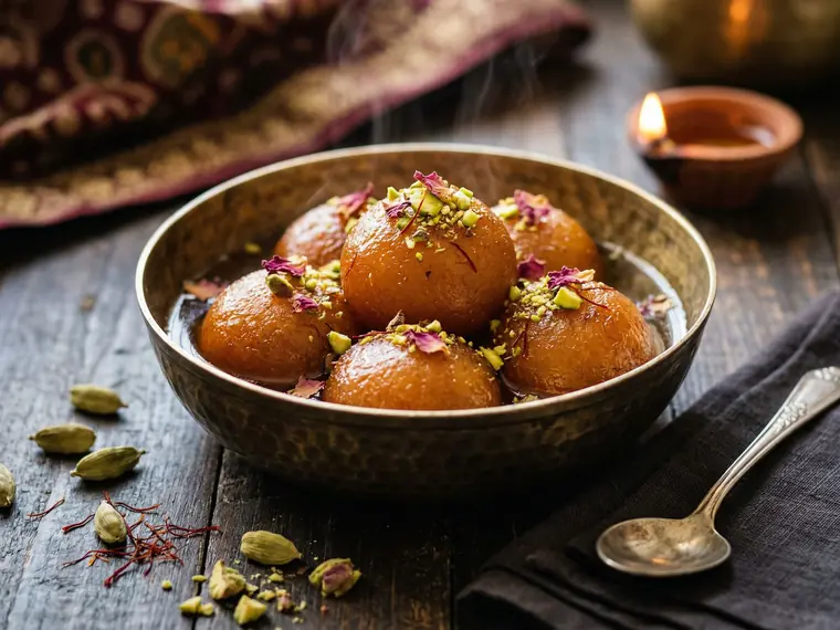 Vegan gulab jamun in a brass bowl, soaked in syrup and scattered with pistachio