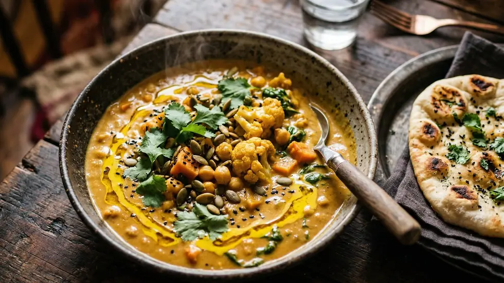 A bowl of golden chana curry with fresh naan and a spoon, on a dark wooden table
