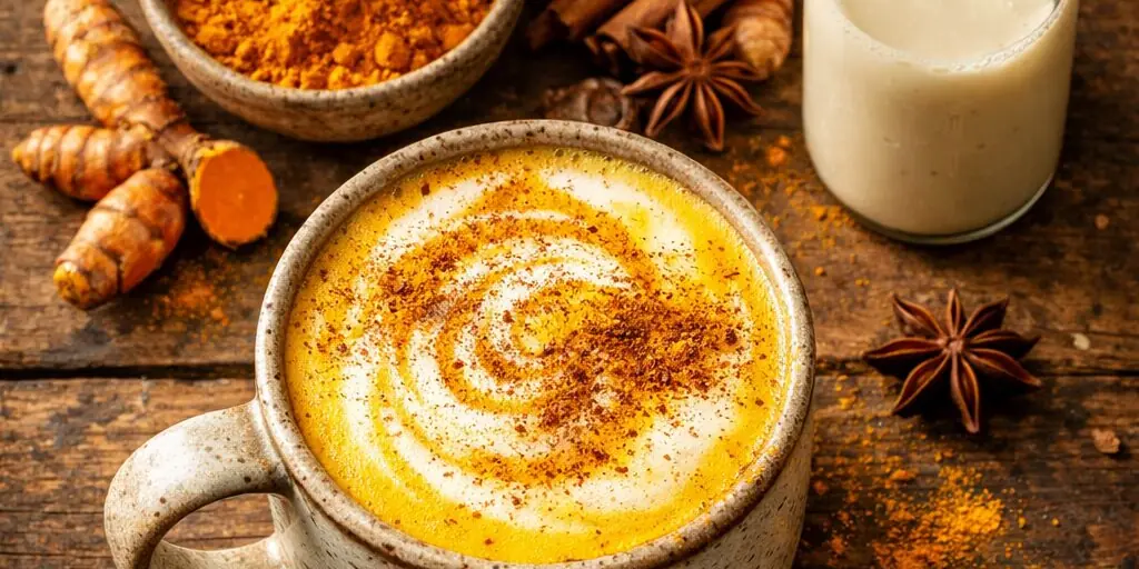 A turmeric latte in a stoneware mug beside a bottle of plant milk, whole turmeric root and cinnamon