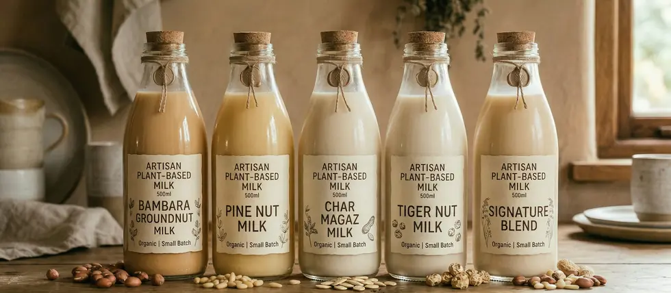 A row of labelled plant-milk bottles on a wooden shelf — bambara groundnut, pine nut, char magaz, tiger nut and a signature blend