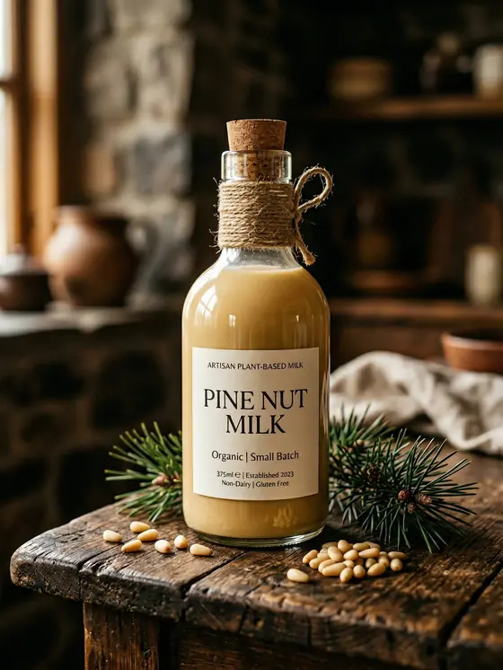 A corked bottle of pine nut milk on a stone ledge, pine nuts scattered beside it