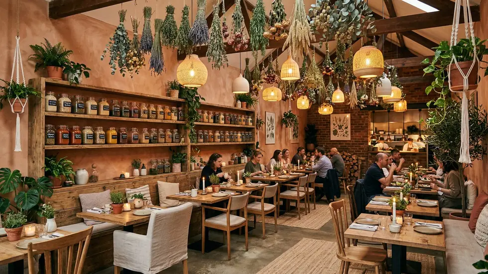 The interior of a warm, plant-filled cafe with shelves of jars and hanging greenery